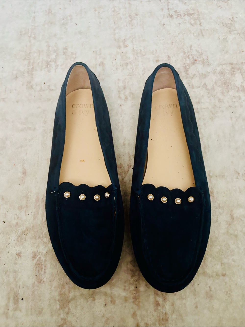 Crown Vintage Black Suede Loafers with Pearl Studs